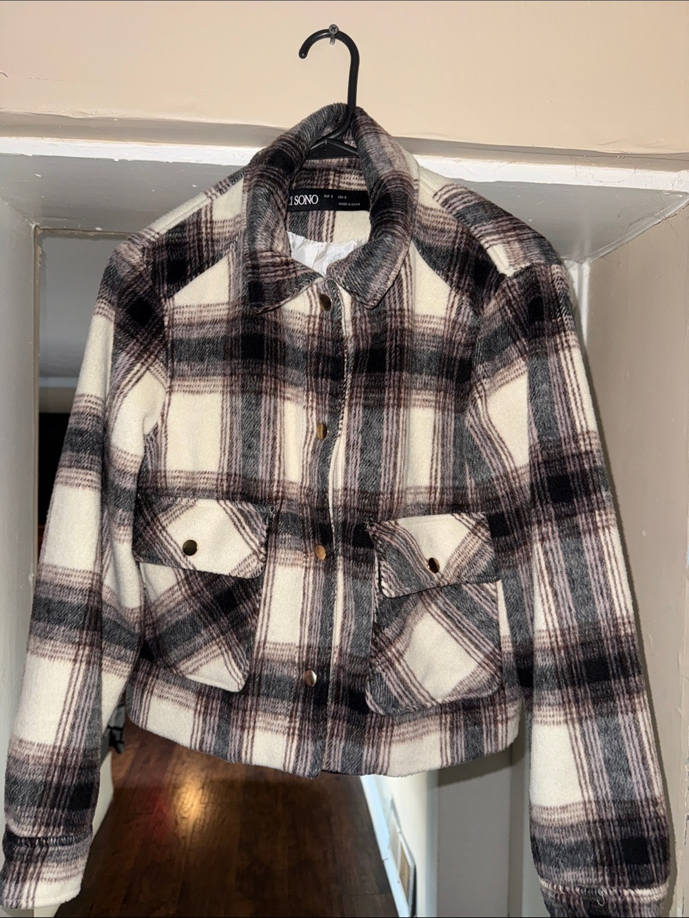 Ci Sono Plaid Utility Jacket in Cream, Black and Gray